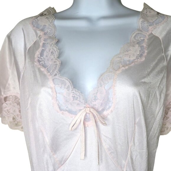 Vintage Light Pink Nylon Nightgown: Lace Trim, Tie Back (Size L) - Picture 9 of 13